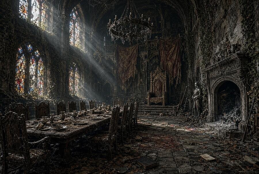 Abandoned gothic dining hall (AI-generated art)