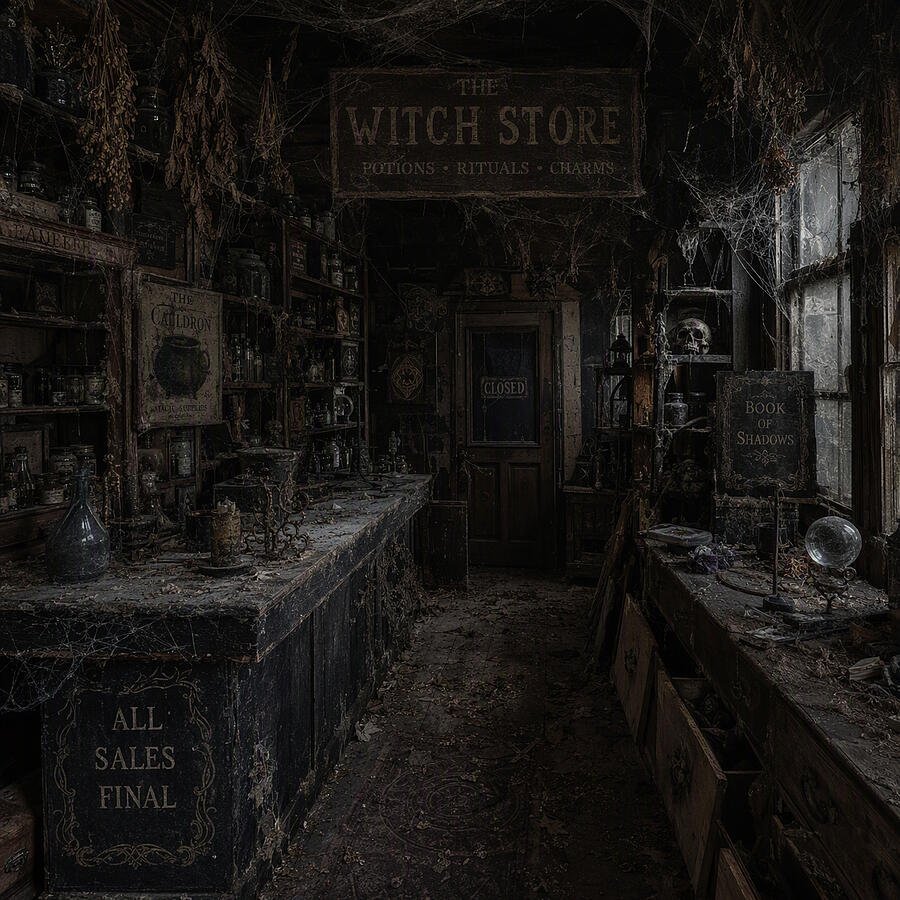 Abandoned witch store interior (AI-generated art)