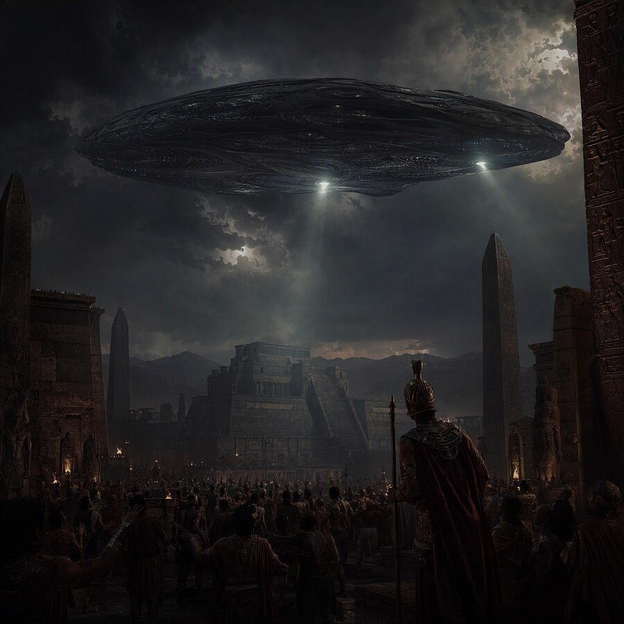Ancient civilization sees a UFO (AI-generated art)