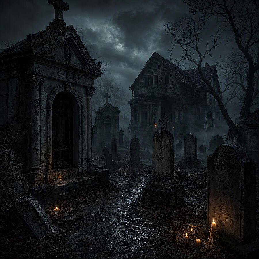 Eerie cemetery at night (AI-generated art)