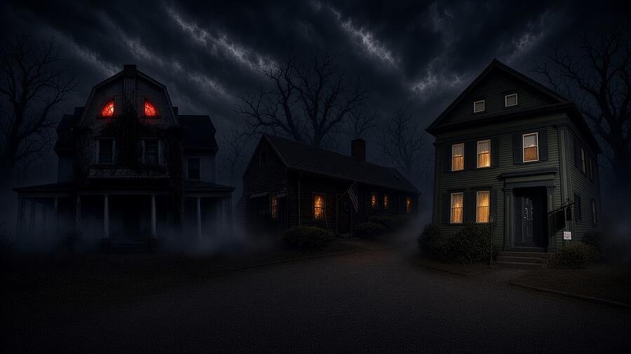 Foggy street at night with one haunted house with glowing red eyes (AI-generated art)