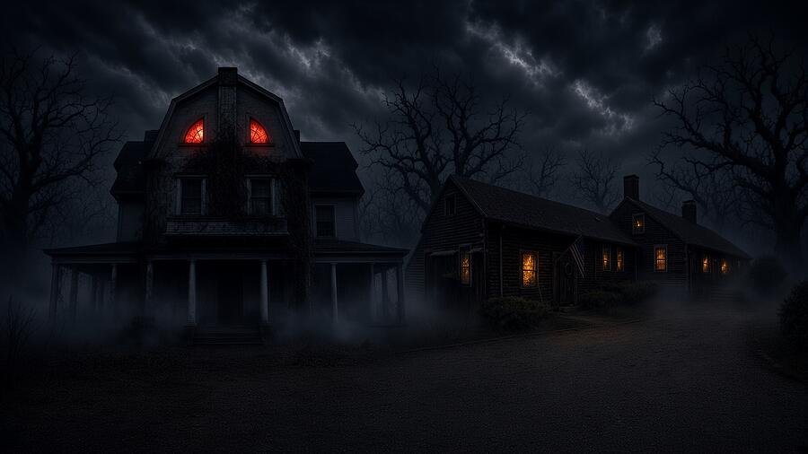 Haunted house with glowing red attic windows on a stormy night (AI-generated art)