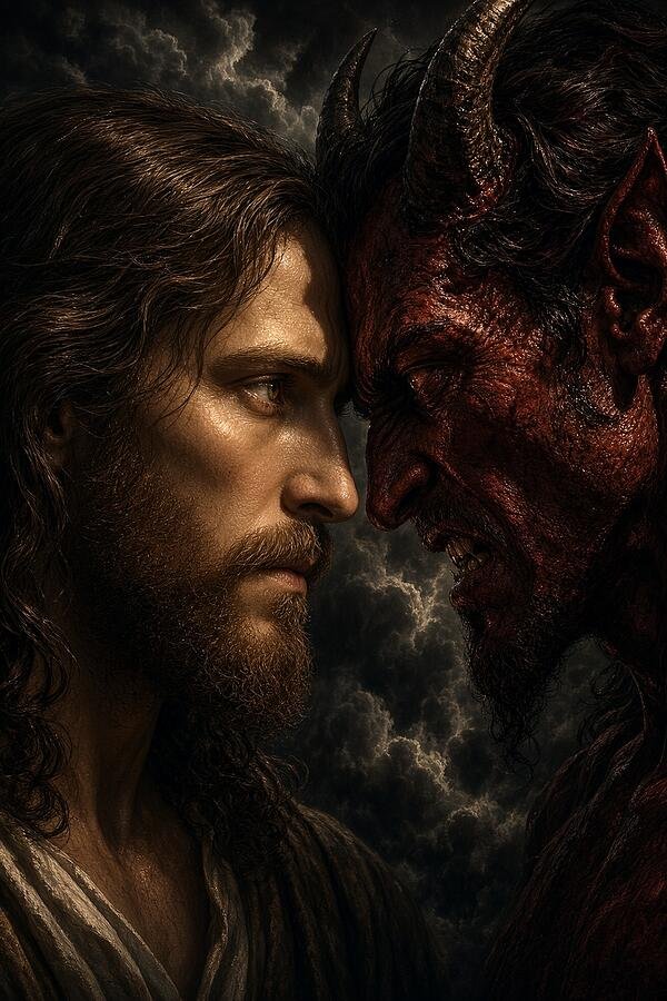 Epic confrontation of good and evil (AI-generated art)