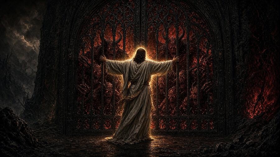 Figure at Hell's Gates (AI-generated art)