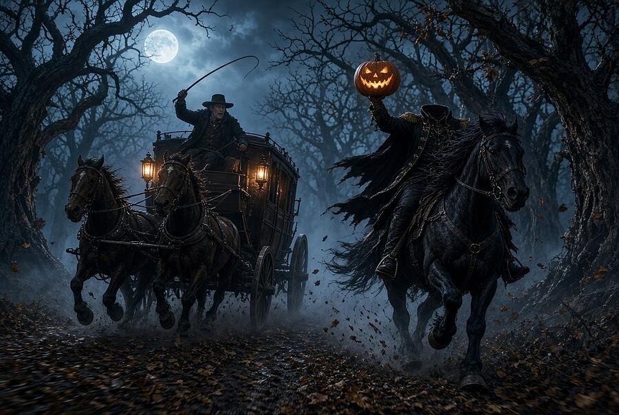 Headless horseman riding through a spooky forest (AI-generated art)