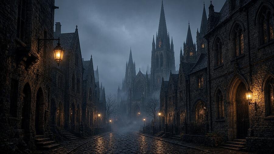 Gothic cathedral at dusk at the end of a lamplit cobblestone street (AI-generated art)