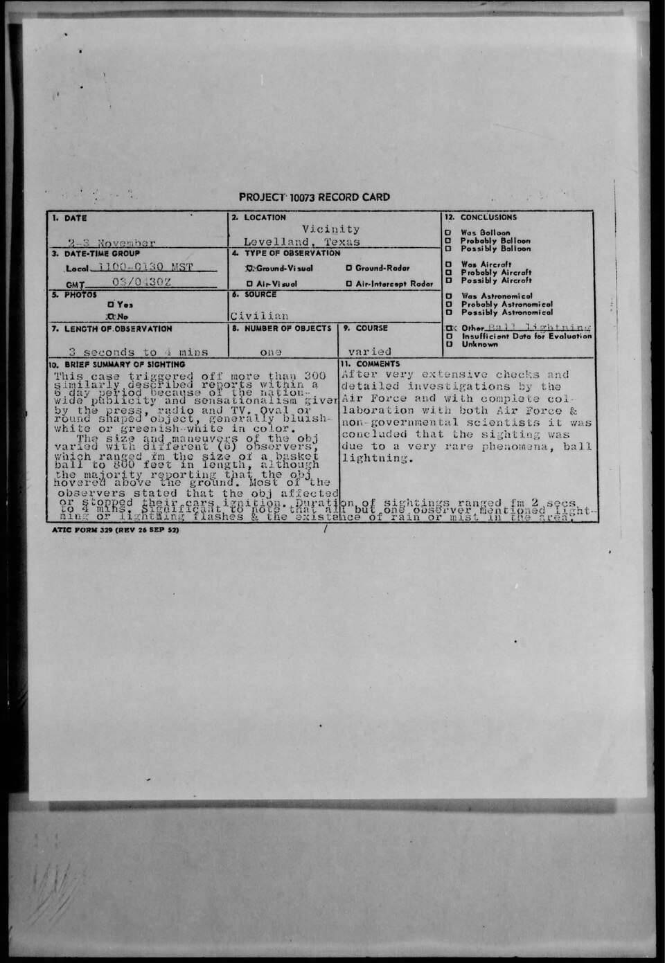 The Levelland Sightings — Levelland, TX (1957)
