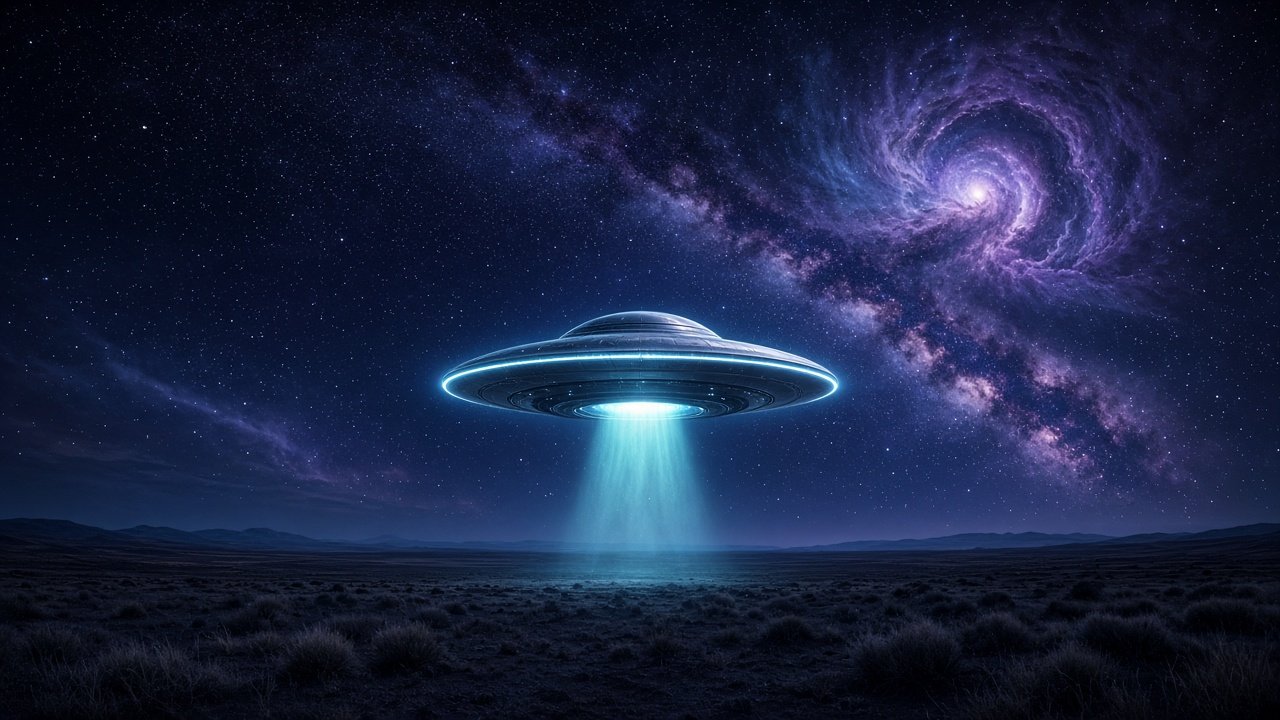 A glowing flying saucer hovering over a dark desert plain under a violet and blue Milky Way (AI-generated art)