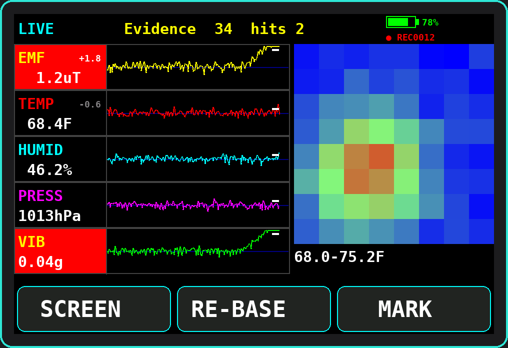SCR-Lite LIVE screen: five sensor lanes and an 8x8 thermal heat map (illustration)
