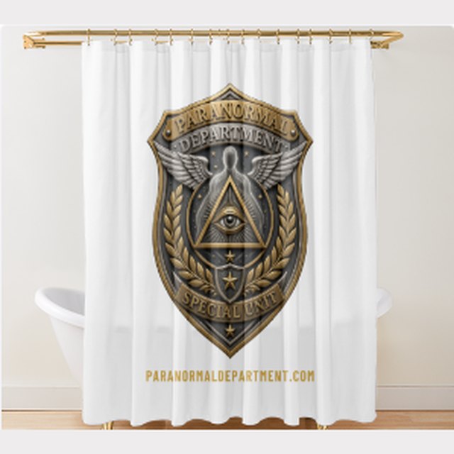 Shower curtain with the Paranormal Department badge