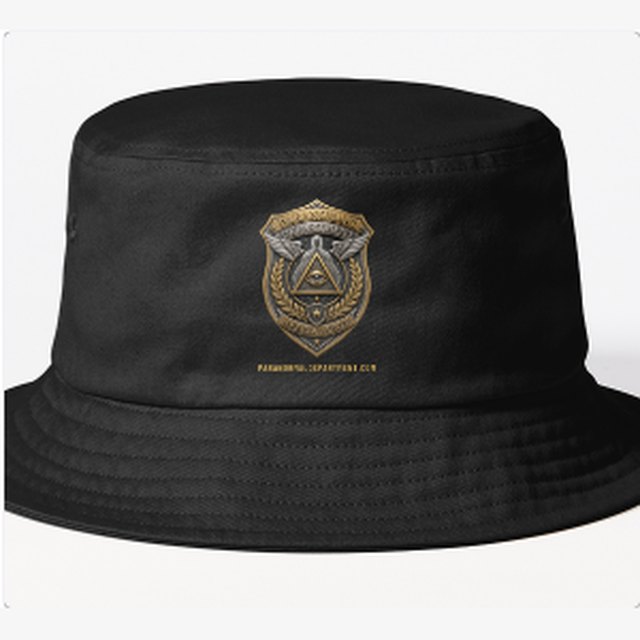 Black bucket hat with the Paranormal Department badge