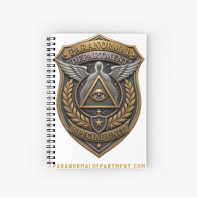 Spiral notebook with the Paranormal Department badge
