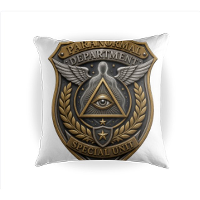 Throw pillow with the Paranormal Department badge