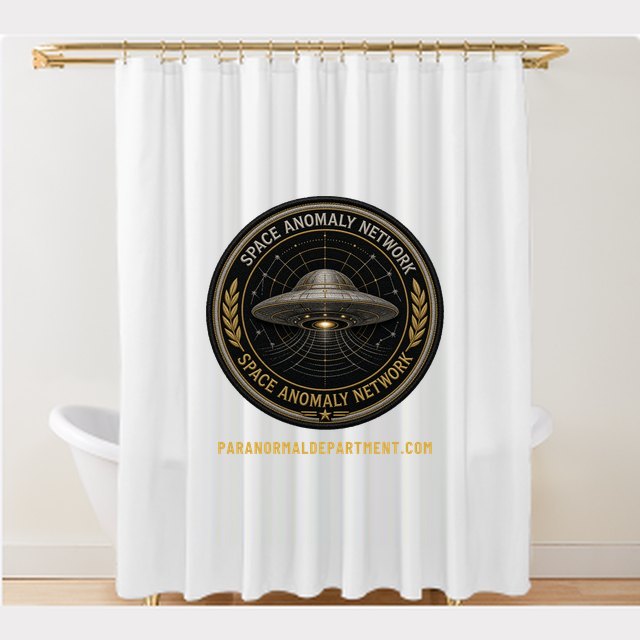 Shower curtain with the Space Anomaly Network badge