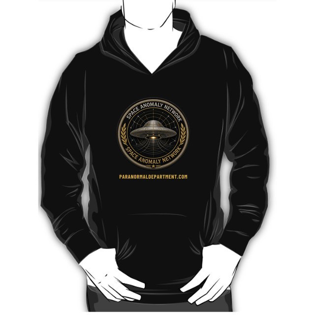 Black hoodie with the Space Anomaly Network badge
